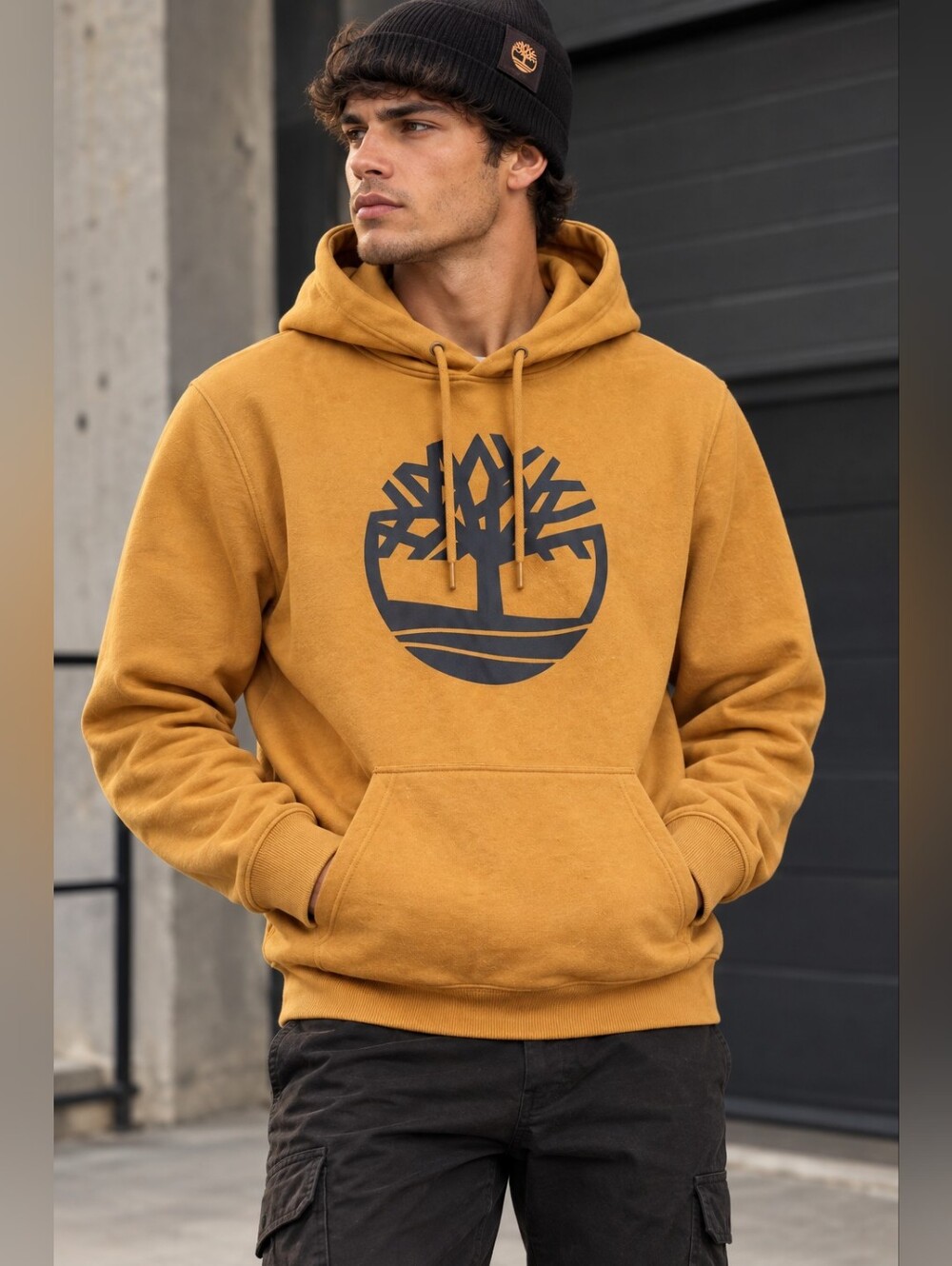 Timberland Men's Kennebec River Tree Logo Mustard Yellow Pullover Hoodie Size M